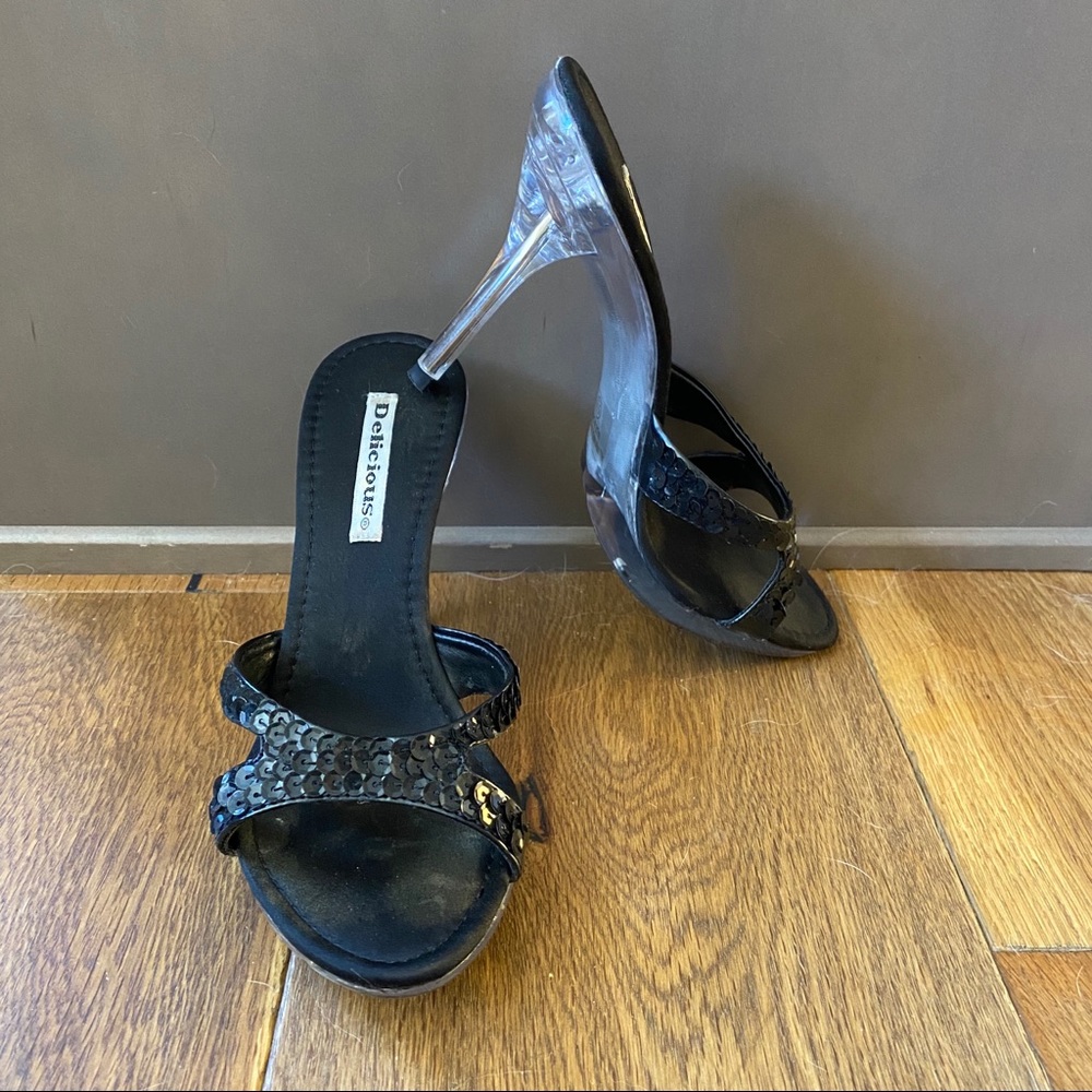 Black Sequin Strapless Heels